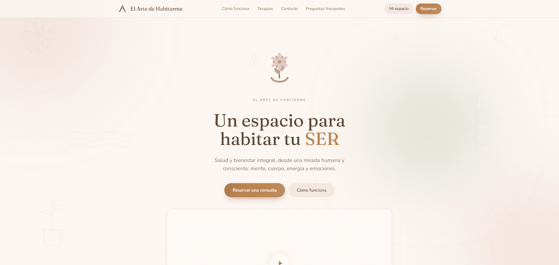 Inicio de El Arte de Habitarme con la flor de marca y la invitación a reservar